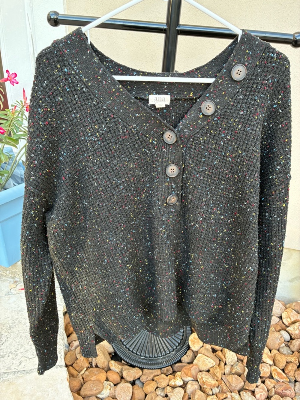 a.n.a Black Speckled V-Neck Button Sweater